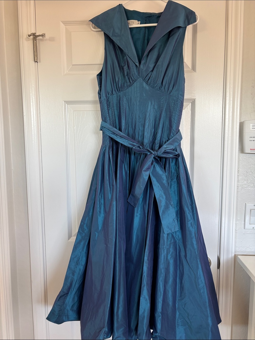 Teri Jon Teal Shimmer Fit-and-Flare Prom Dress with Sash